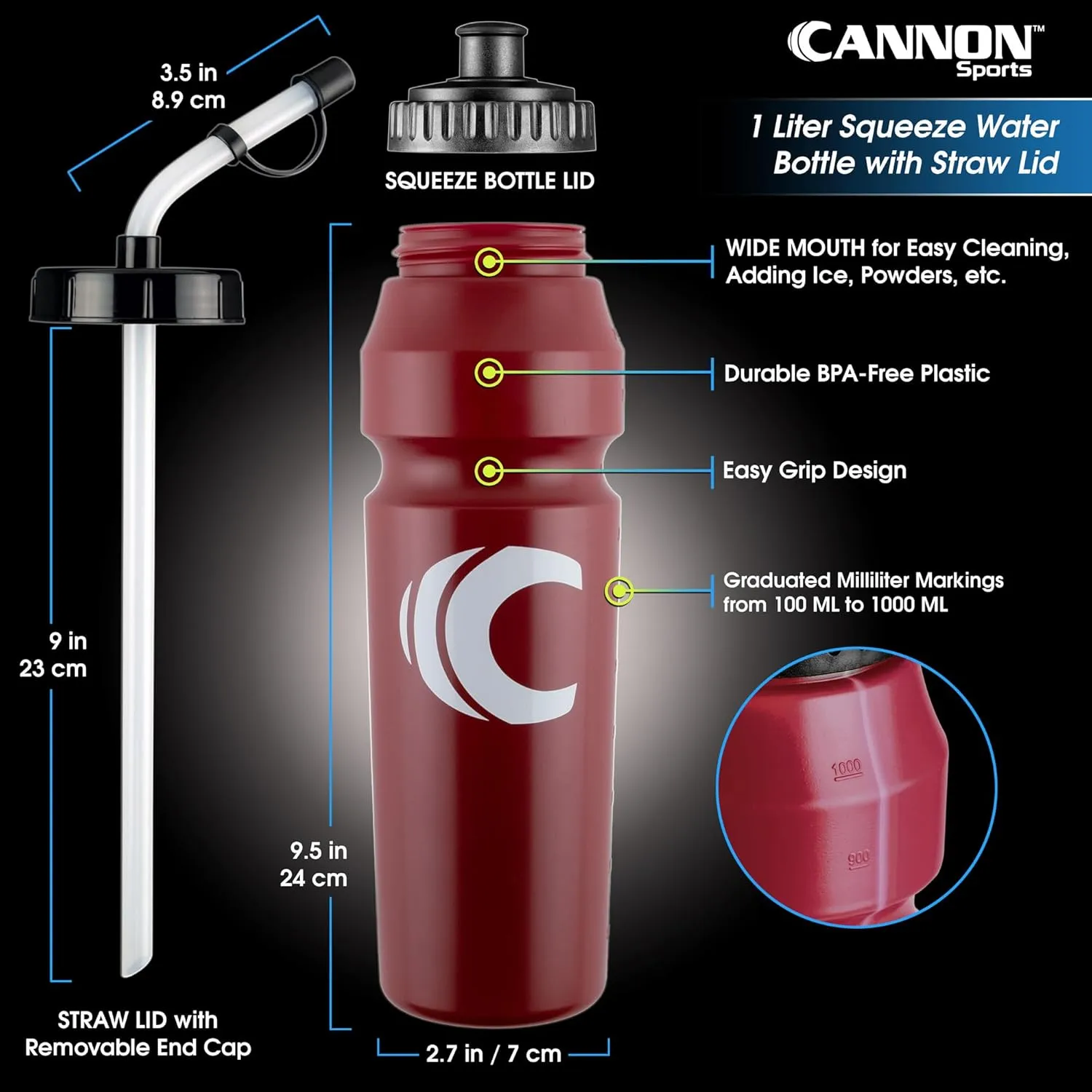 Cannon Sports 1 Liter Sports Water Bottle, BPA-Free, 34 Oz Capacity, Large Mouth, 2 lids (Straw and Squeeze), Great For Helmet Sports Such As Hockey, Lacrosse, Football, Boxing (6 Pack) (Burgundy)