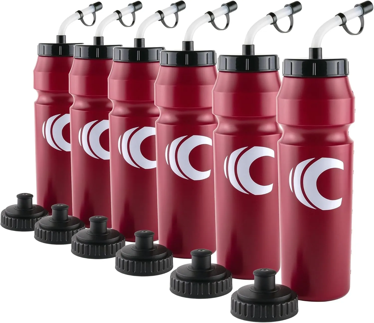 Cannon Sports 1 Liter Sports Water Bottle, BPA-Free, 34 Oz Capacity, Large Mouth, 2 lids (Straw and Squeeze), Great For Helmet Sports Such As Hockey, Lacrosse, Football, Boxing (6 Pack) (Burgundy)