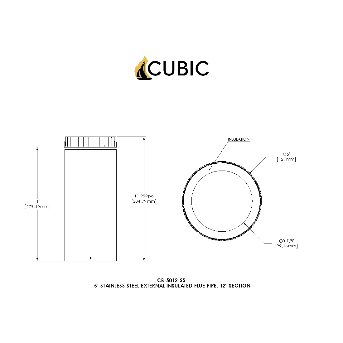 CB-5012-SS Stainless Steel Insulated Pipe, 12" Long