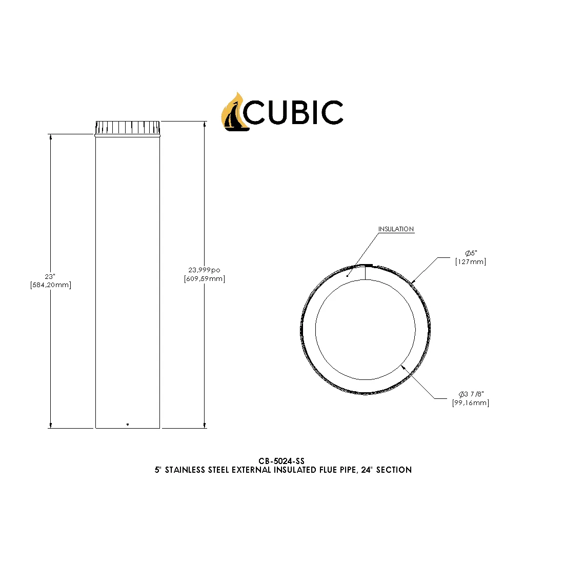 CB-5024-SS 5" Stainless Steel Insulated Pipe, 24" Long