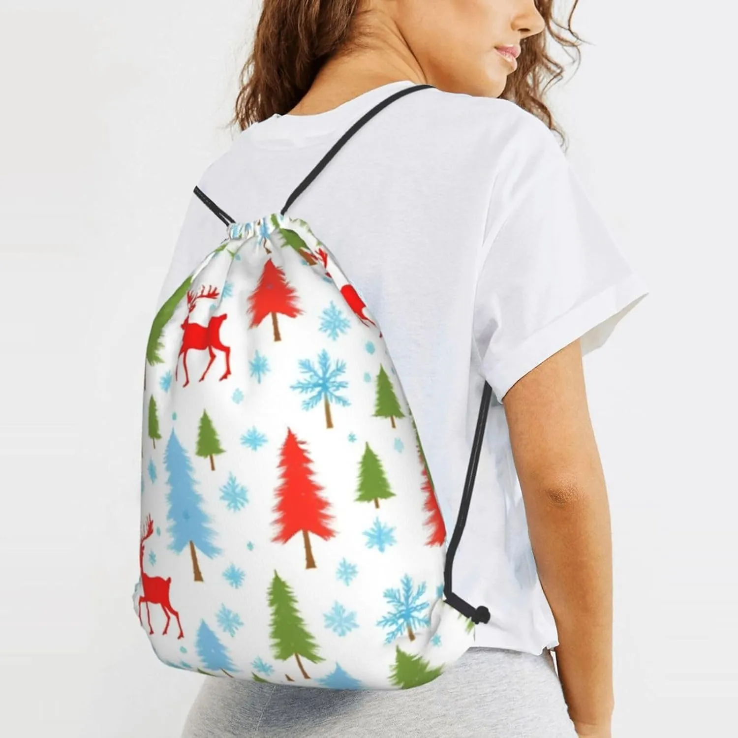 Christmas Holiday Drawstring Cinch Backpack Polyester Sack Pack String Bag For Hiking Camping Adventure