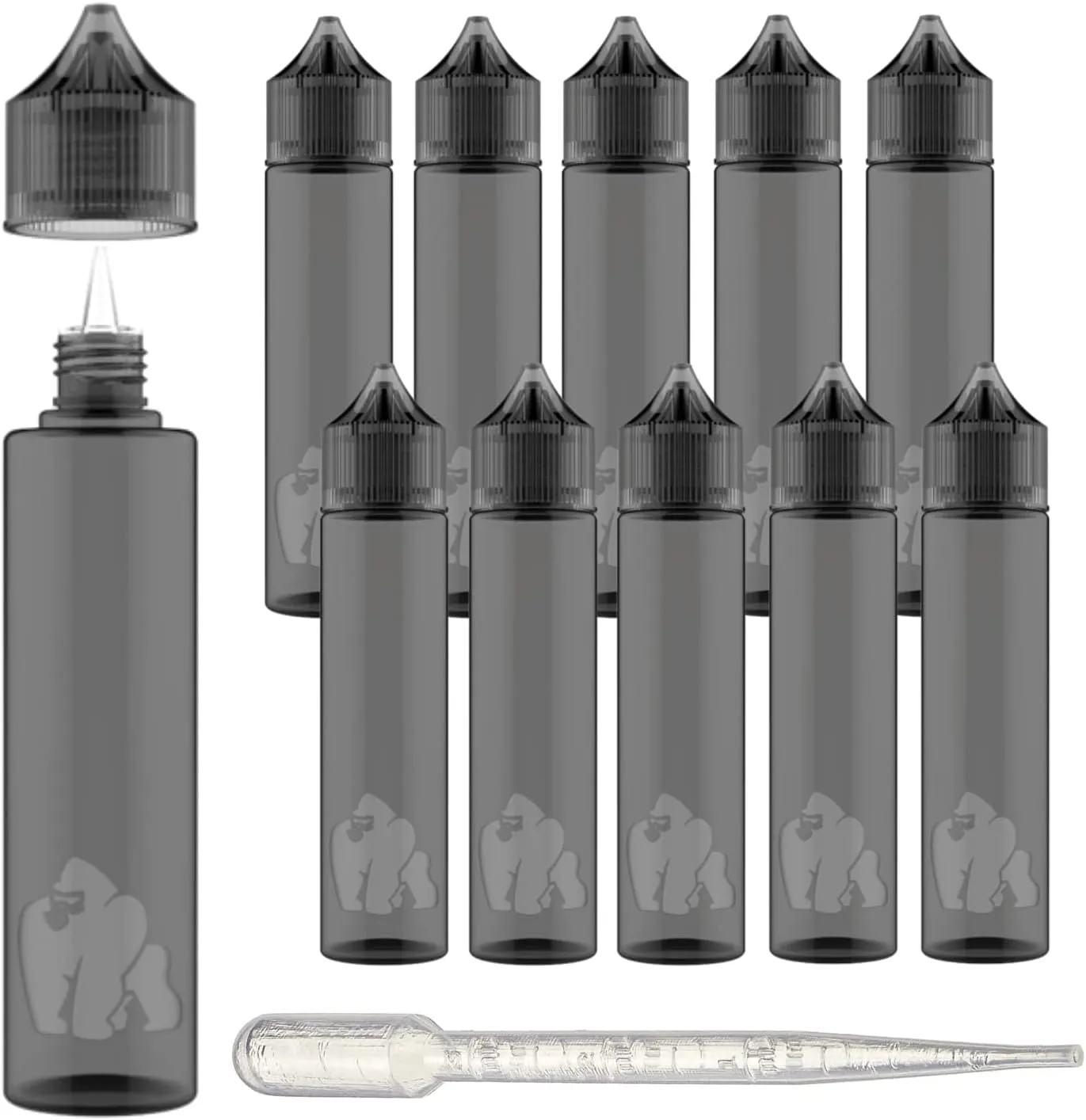 Chubby Gorilla LDPE PET Plastic Unicorn Squeeze Bottle 60ml (10 Pack) Dropper Bottles with Squeeze Dropper, Transparent Black, Child Resistant Cap, Easy Drip Tip Applicator