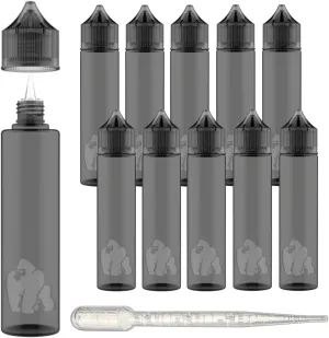 Chubby Gorilla LDPE PET Plastic Unicorn Squeeze Bottle 60ml (10 Pack) Dropper Bottles with Squeeze Dropper, Transparent Black, Child Resistant Cap, Easy Drip Tip Applicator