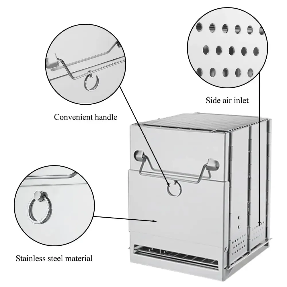 Collapsible Stainless Steel Wood Burning Rocket Stove with Grill