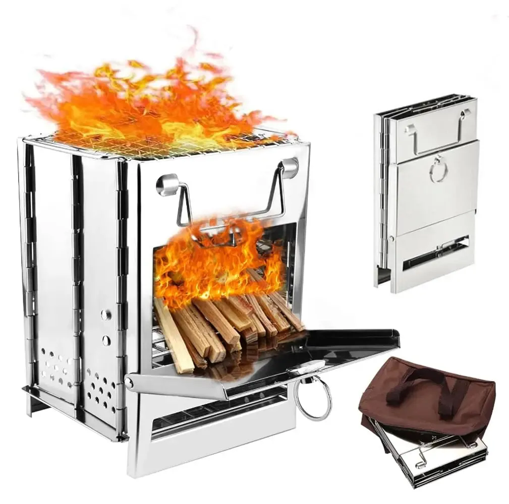 Collapsible Stainless Steel Wood Burning Rocket Stove with Grill