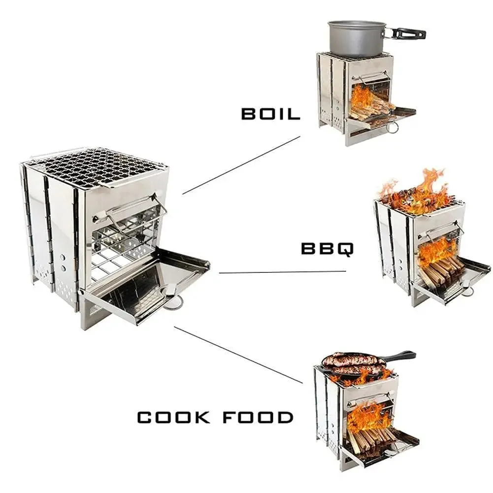 Collapsible Stainless Steel Wood Burning Rocket Stove with Grill