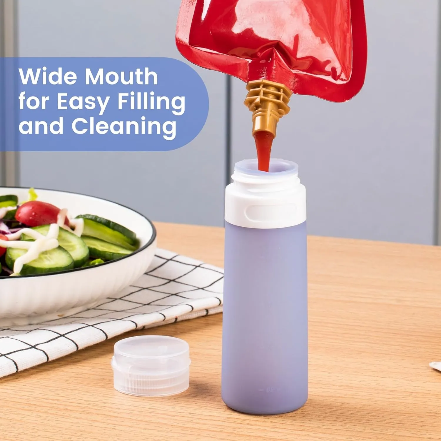 Condiment Squeeze Bottles for Sauces, 3-oz Mini Silicone Salad Dressing Container to Go with Snack Storage Bag, Leakproof Sauce Bottles for Lunch Box, 4 Pack, Blue