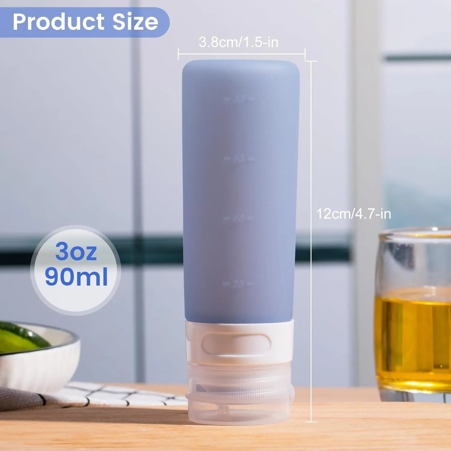 Condiment Squeeze Bottles for Sauces, 3-oz Mini Silicone Salad Dressing Container to Go with Snack Storage Bag, Leakproof Sauce Bottles for Lunch Box, 4 Pack, Blue