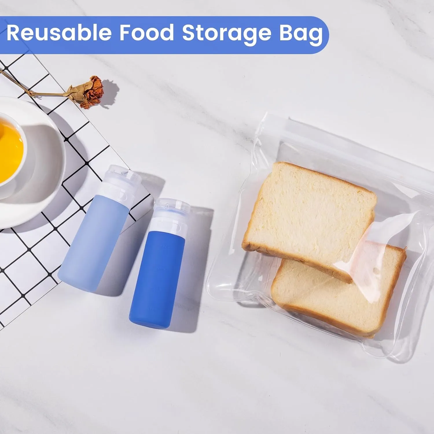 Condiment Squeeze Bottles for Sauces, 3-oz Mini Silicone Salad Dressing Container to Go with Snack Storage Bag, Leakproof Sauce Bottles for Lunch Box, 4 Pack, Blue