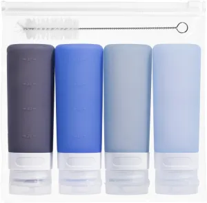 Condiment Squeeze Bottles for Sauces, 3-oz Mini Silicone Salad Dressing Container to Go with Snack Storage Bag, Leakproof Sauce Bottles for Lunch Box, 4 Pack, Blue