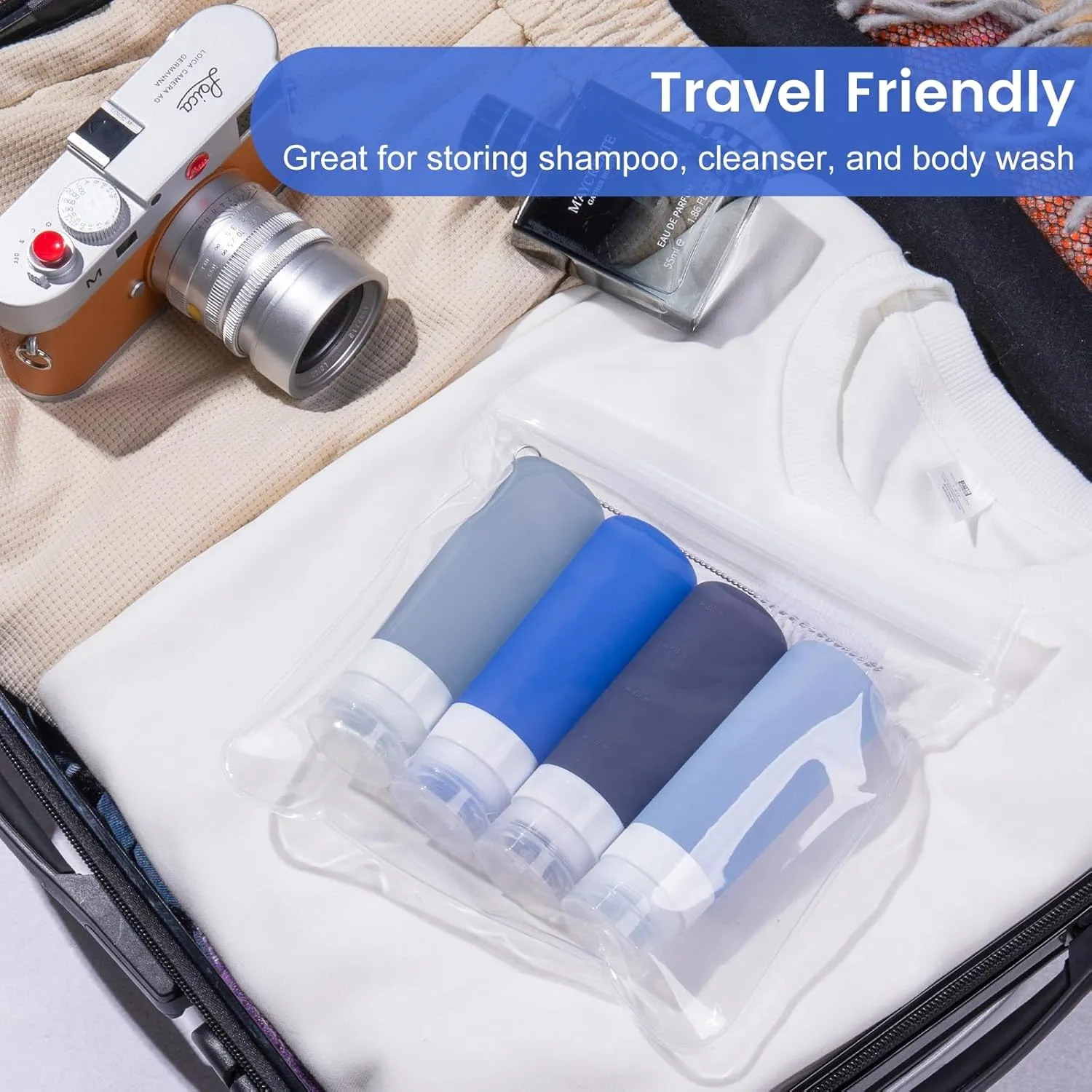 Condiment Squeeze Bottles for Sauces, 3-oz Mini Silicone Salad Dressing Container to Go with Snack Storage Bag, Leakproof Sauce Bottles for Lunch Box, 4 Pack, Blue