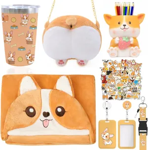 Corgi Gifts for Corgi Lovers, Corgi Themed Gift Box for Kids Christmas Birthday Include 12oz Tumbler, Corgi Pen Pencil Holder, Corgi Blanket, Corgi Crossbody Bag, Name Tags Holders and Corgi Stickers