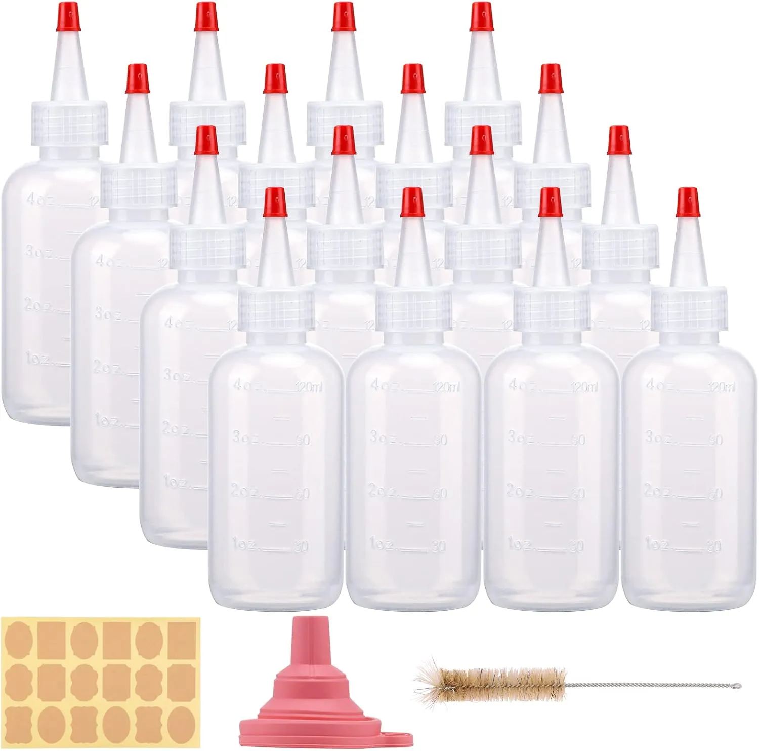 CUCUMI 16pcs Plastic Squeeze Bottles for Liquids & Sauces, 4oz Squeeze Bottles with Red Tip Caps Measurement Marks for Icing Cookie Decorating, Crafts, Art, Glue, Kitchen Condiments
