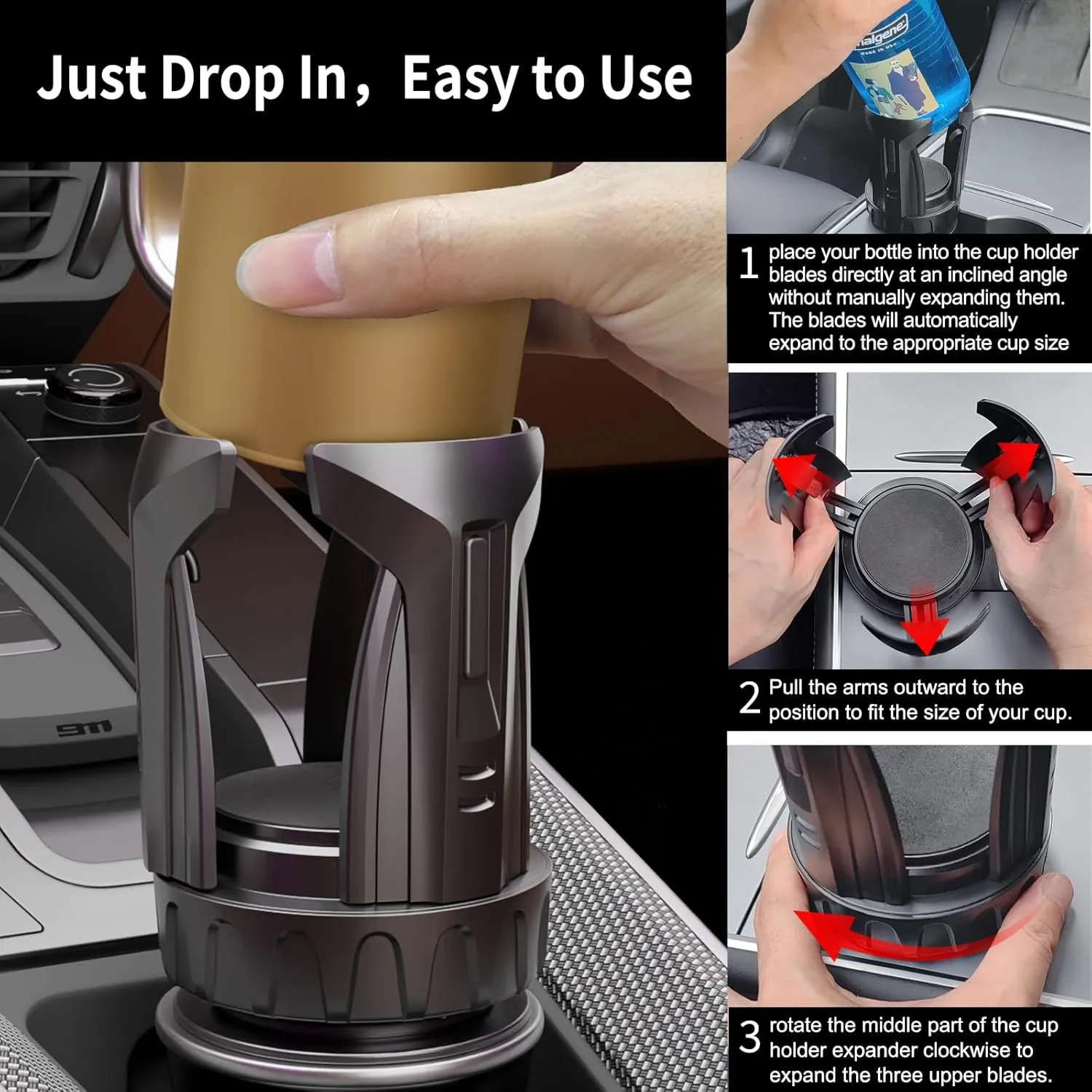 Cup Holder Expander, Automatic Car Cup Holder Expander Holds Large Water Bottles, Compatible with Yeti, Stanley, Owala Tumbler & Mugs, Adjustable Arms & Extendable Base Insert