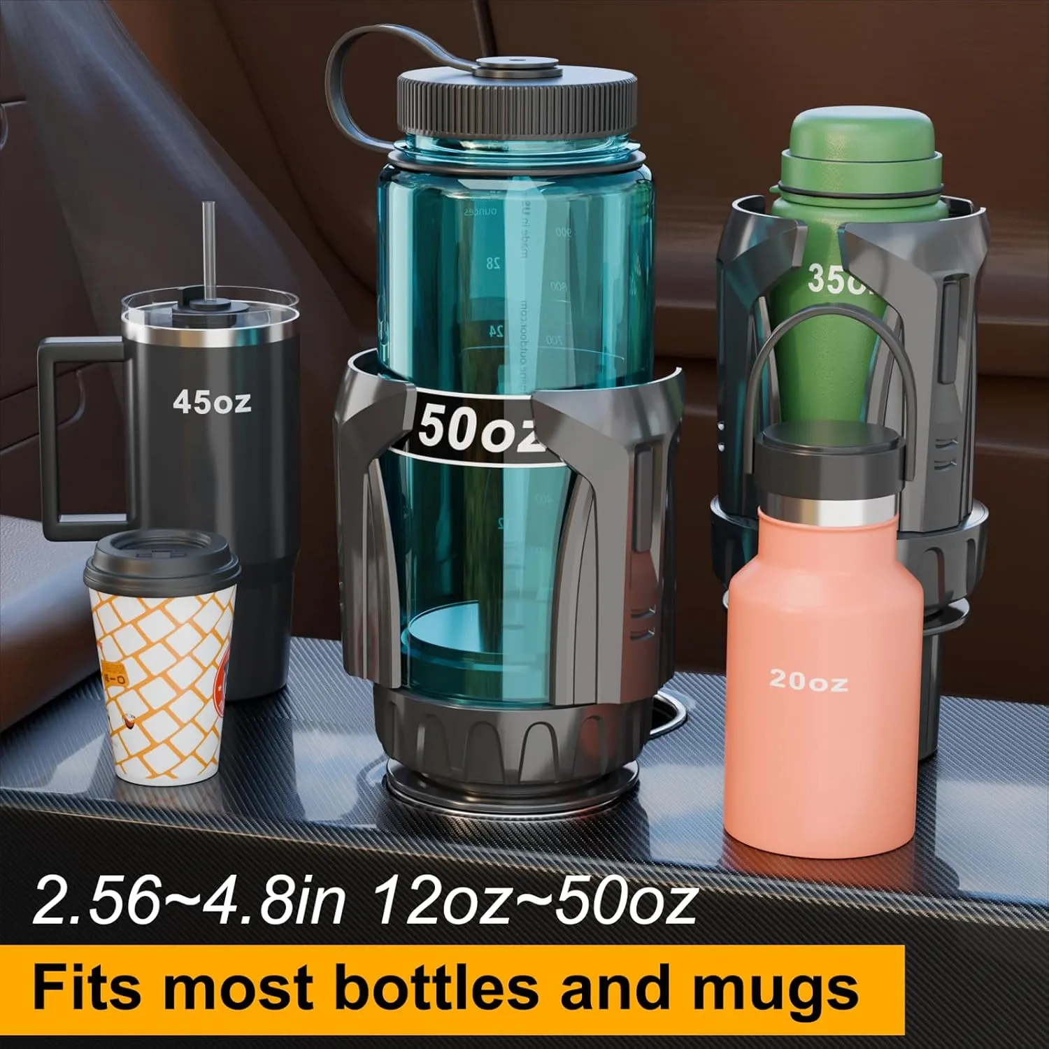 Cup Holder Expander, Automatic Car Cup Holder Expander Holds Large Water Bottles, Compatible with Yeti, Stanley, Owala Tumbler & Mugs, Adjustable Arms & Extendable Base Insert