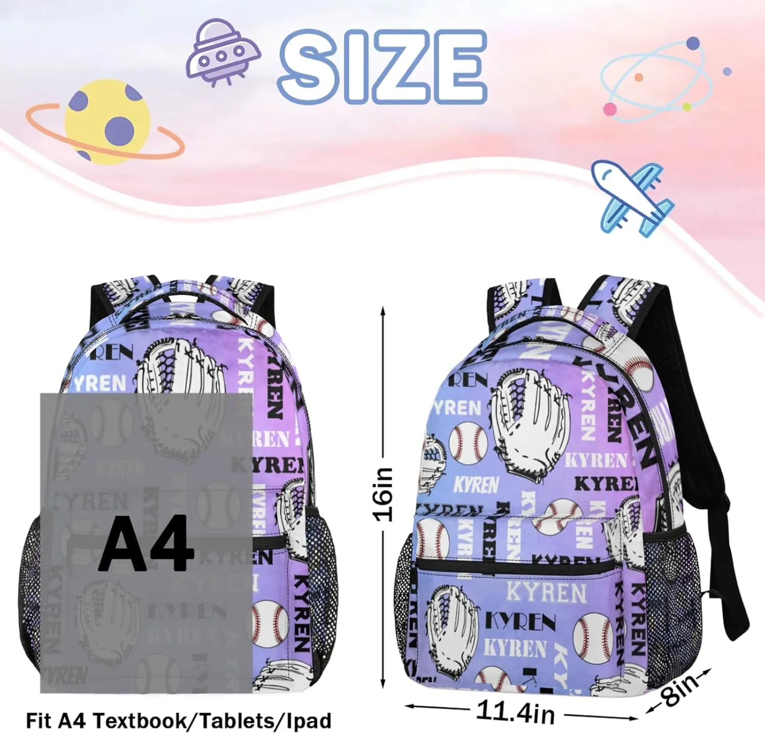 Custom Baseball Backpack for Men Women, Personalized Name Laptop Backpack, Sports Bag Lightweight Daypack for Travel Camping, Colorful