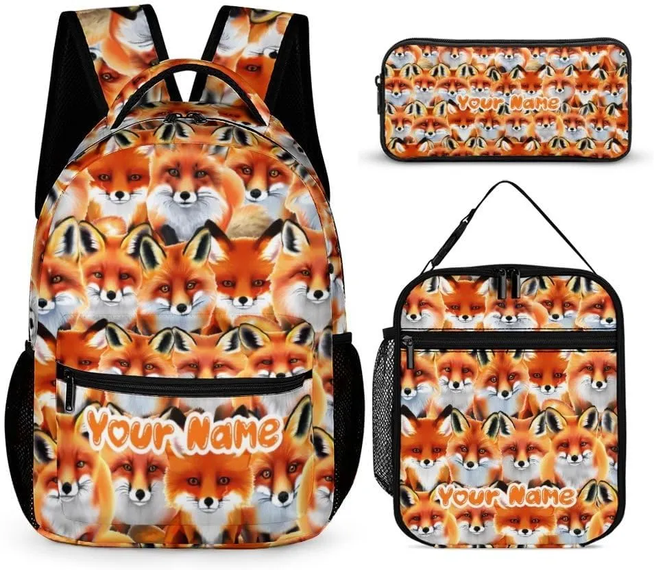 Custom Fox Backpack with Lunch Box & Pencil Case for Kids Girls Boys School, 16 Inch Cute Foxes Bookbag, School Backpack for Students Children, Lightweight, Large Capacity