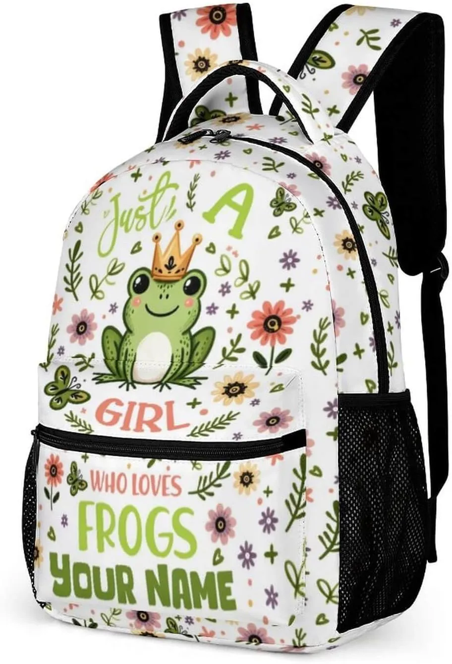 Custom Frog School Backpack for Kids Girls Boys, 16 Inch Cute Frogs Themed Bookbag, Personalized School Backpack for Students Children, Lightweight, Large Capacity