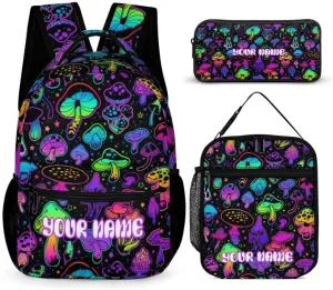 Custom Mushroom Backpack with Lunch Box & Pencil Case for Kids Girls Boys School, 16 Inch Cute Mushrooms Bookbag, School Backpack for Students Children, Lightweight, Large Capacity