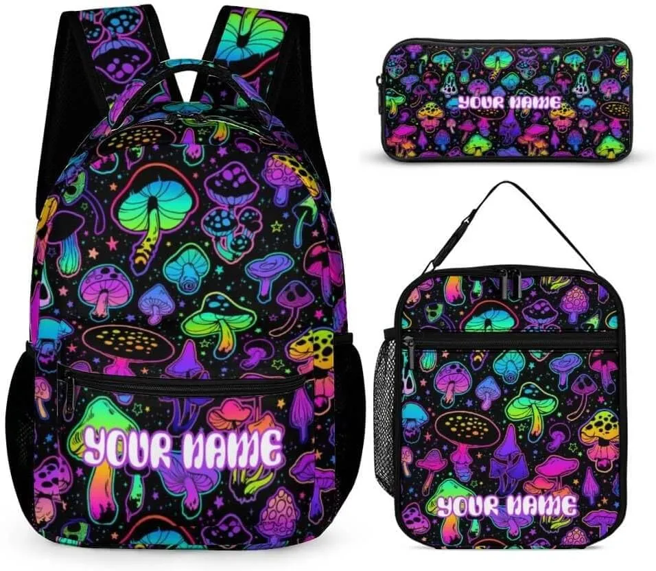 Custom Mushroom Backpack with Lunch Box & Pencil Case for Kids Girls Boys School, 16 Inch Cute Mushrooms Bookbag, School Backpack for Students Children, Lightweight, Large Capacity