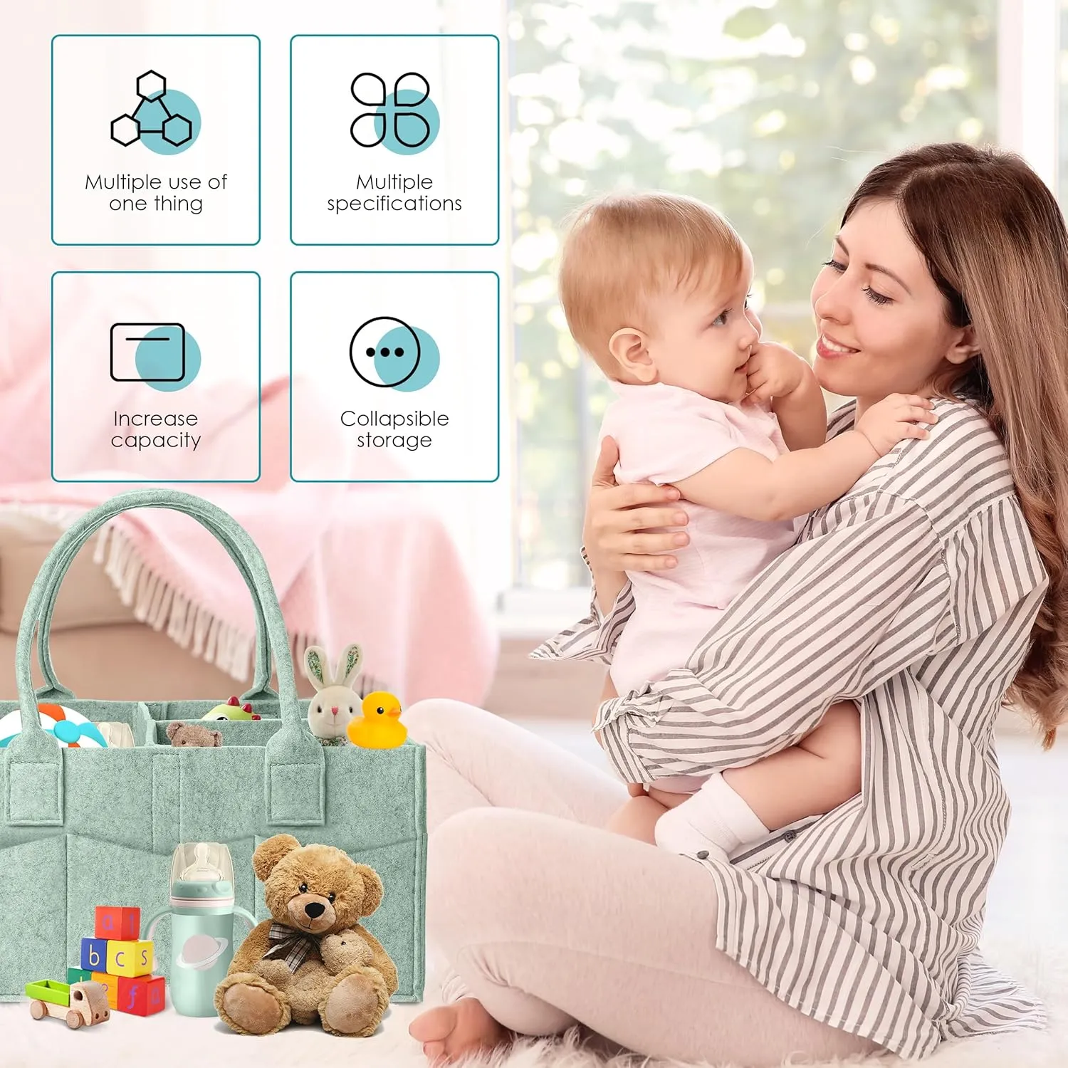 Cute Castle 2 Pack Diaper Caddy Organizer - Portable Baby Caddy Organizer with Handle, Nursery Storage Bin and Car Organizer for Girls, Boys - Baby Gift Basket - Green, Large