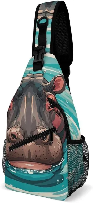 Cute Hippopotamus Sling Bag with Rfid Blocking Causal Mens Crossbody Bag Lightweight Chest Pack Large Man Purse Travel Crossbody Backpack Shoulder Sling Backpack for Hiking Running Cycling