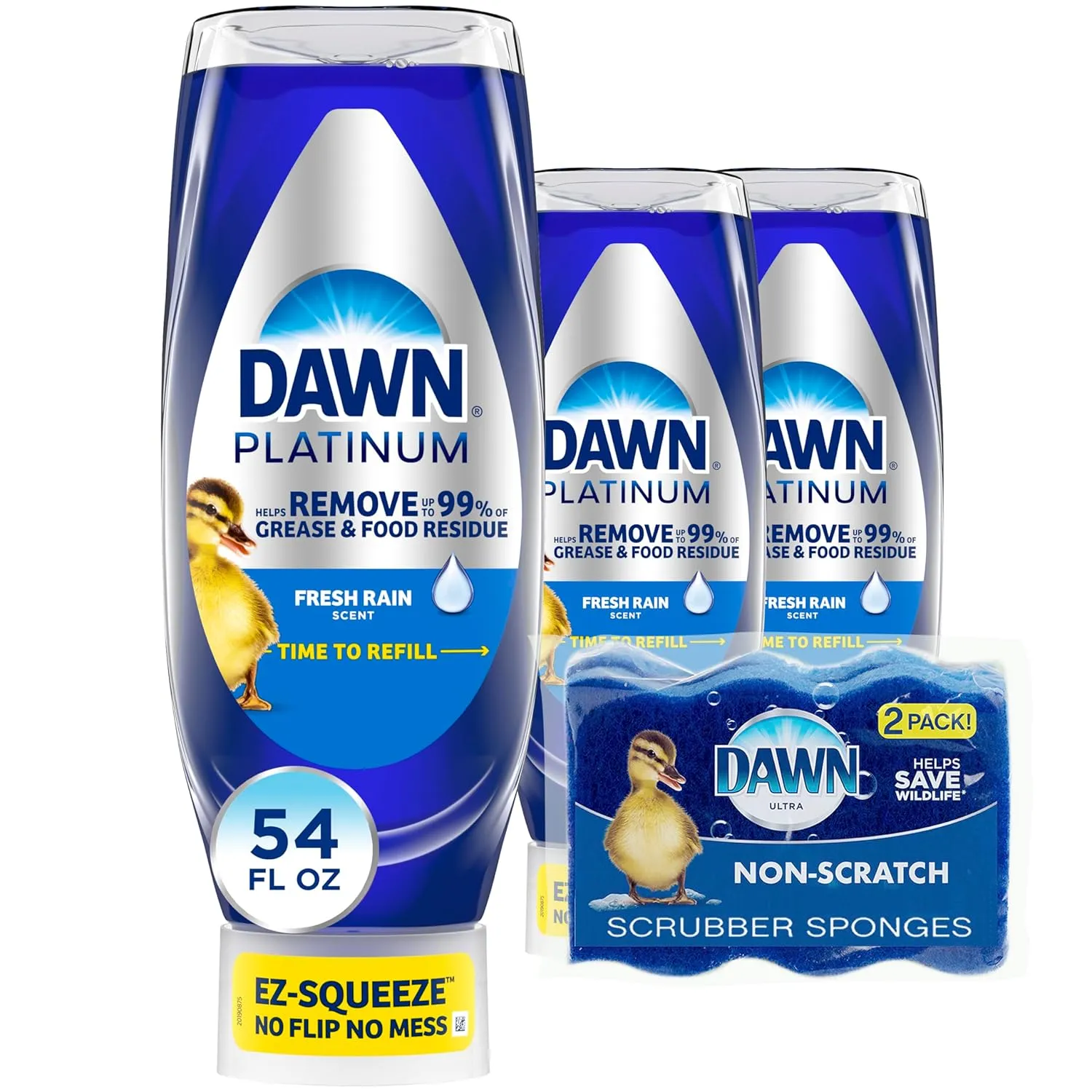 Dawn Dish Soap Squeeze Bottle, EZ-Squeeze Platinum Dish Soap Liquid Non-Scratch Sponges for Dishes, Fresh Rain, Includes 3x18oz Bottles 2 Sponges