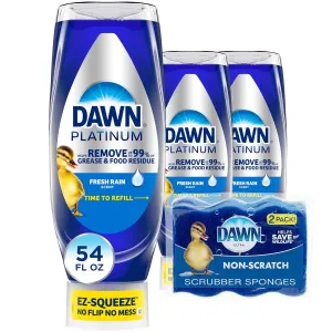 Dawn Dish Soap Squeeze Bottle, EZ-Squeeze Platinum Dish Soap Liquid Non-Scratch Sponges for Dishes, Fresh Rain, Includes 3x18oz Bottles 2 Sponges