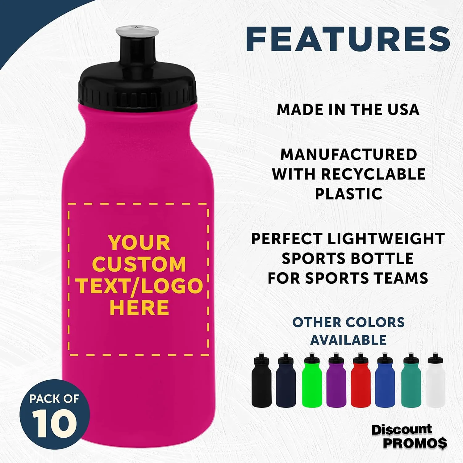 DISCOUNT PROMOS Custom 20 oz. Water Bottles with Push Cap Set of 10, Personalized Bulk Pack - Perfect for Gym, Hiking, Camping, Outdoor Sports - Neon Pink