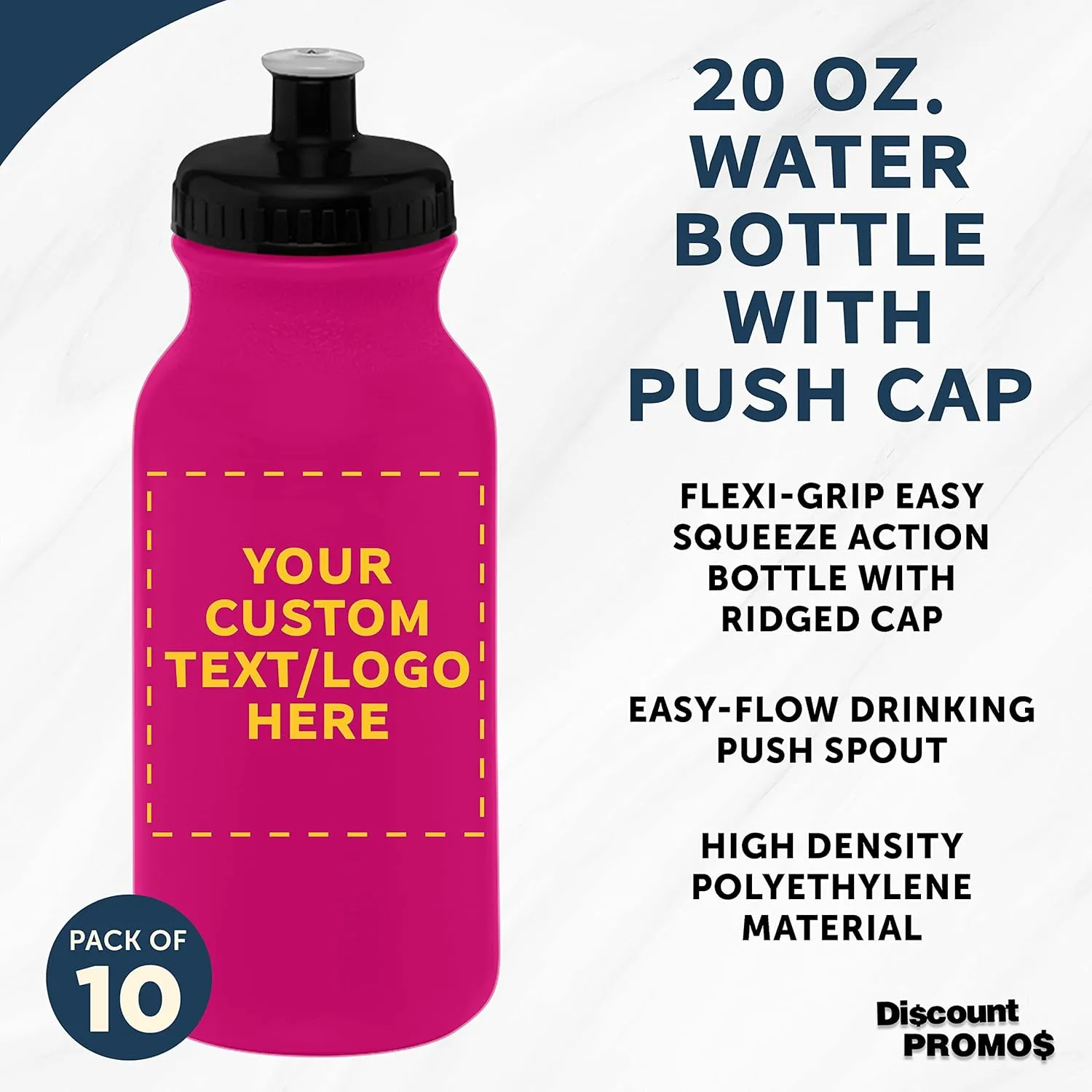 DISCOUNT PROMOS Custom 20 oz. Water Bottles with Push Cap Set of 10, Personalized Bulk Pack - Perfect for Gym, Hiking, Camping, Outdoor Sports - Neon Pink