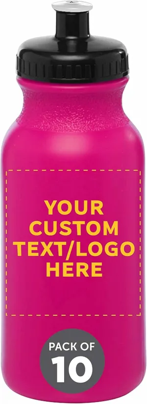 DISCOUNT PROMOS Custom 20 oz. Water Bottles with Push Cap Set of 10, Personalized Bulk Pack - Perfect for Gym, Hiking, Camping, Outdoor Sports - Neon Pink