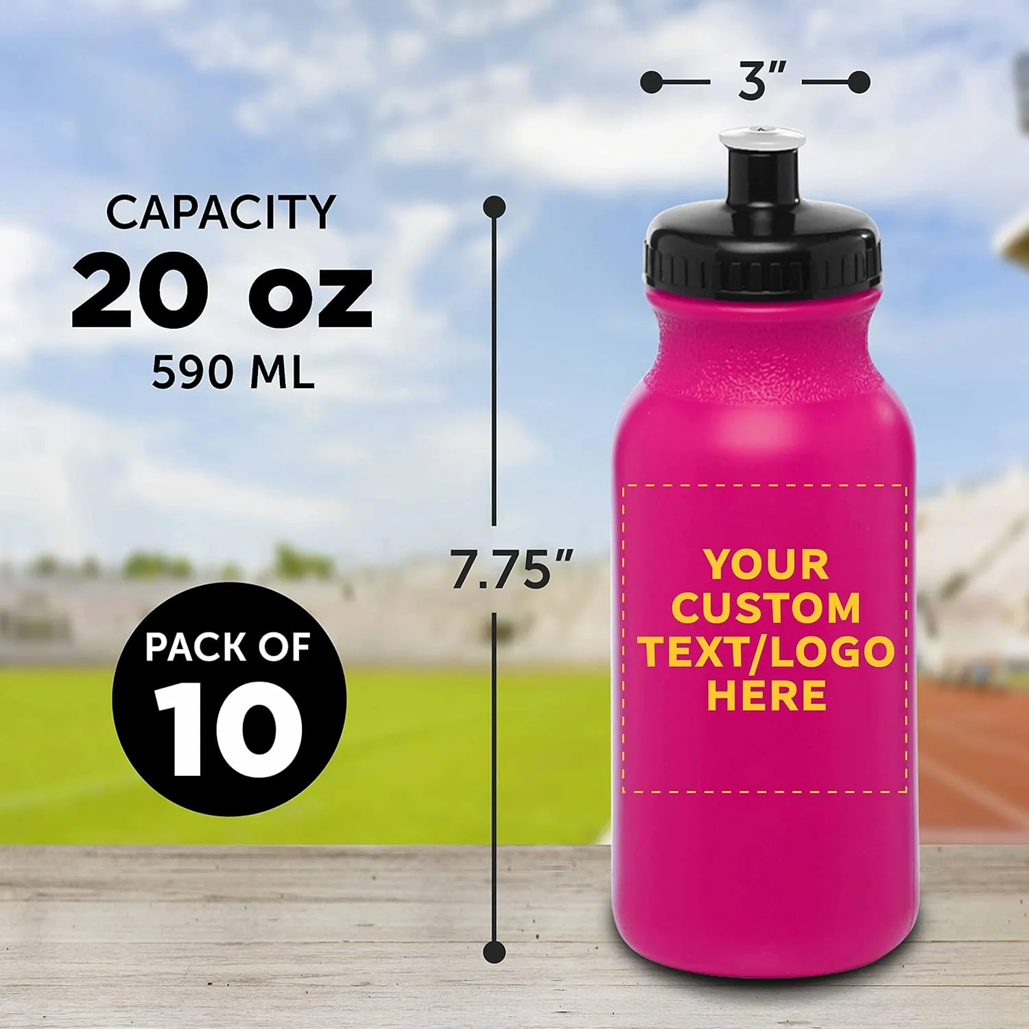 DISCOUNT PROMOS Custom 20 oz. Water Bottles with Push Cap Set of 10, Personalized Bulk Pack - Perfect for Gym, Hiking, Camping, Outdoor Sports - Neon Pink