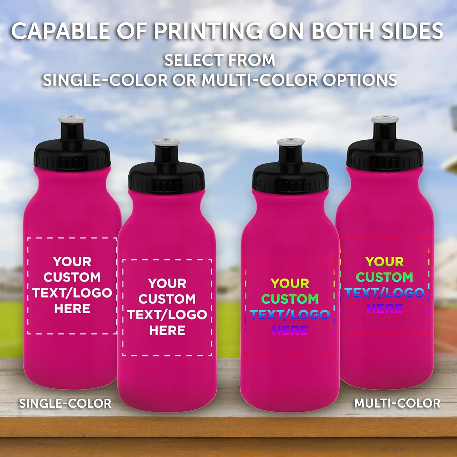 DISCOUNT PROMOS Custom 20 oz. Water Bottles with Push Cap Set of 10, Personalized Bulk Pack - Perfect for Gym, Hiking, Camping, Outdoor Sports - Neon Pink