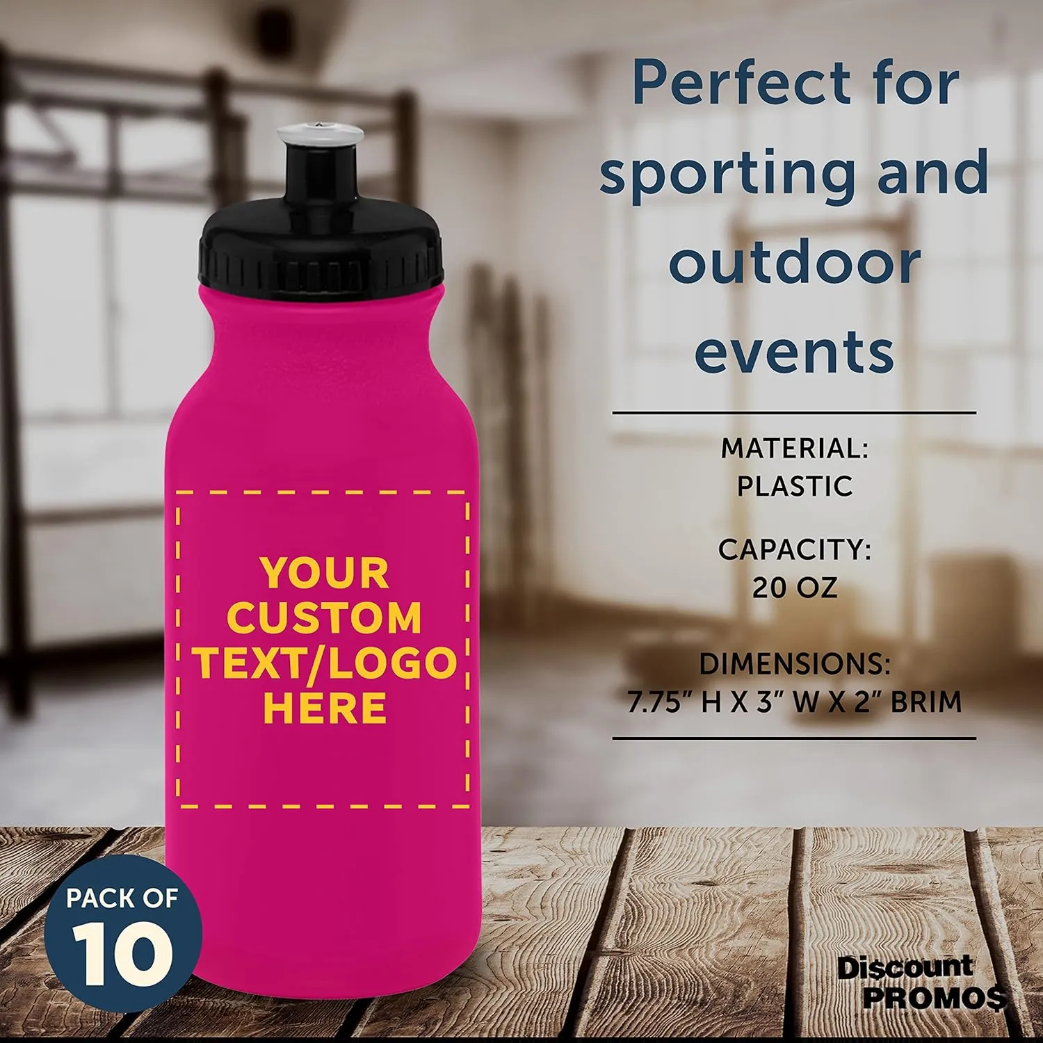 DISCOUNT PROMOS Custom 20 oz. Water Bottles with Push Cap Set of 10, Personalized Bulk Pack - Perfect for Gym, Hiking, Camping, Outdoor Sports - Neon Pink