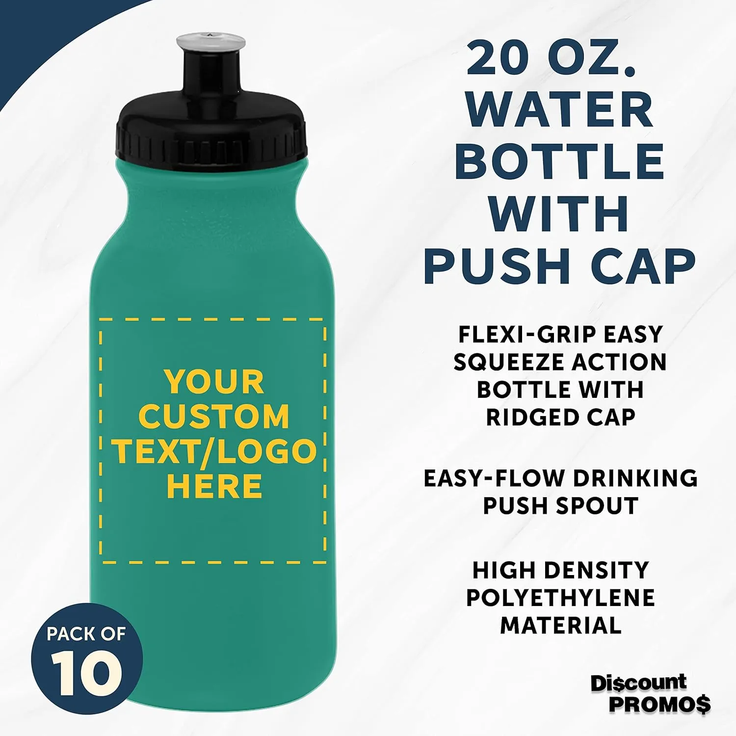 DISCOUNT PROMOS Custom 20 oz. Water Bottles with Push Cap Set of 10, Personalized Bulk Pack - Perfect for Gym, Hiking, Camping, Outdoor Sports - Teal