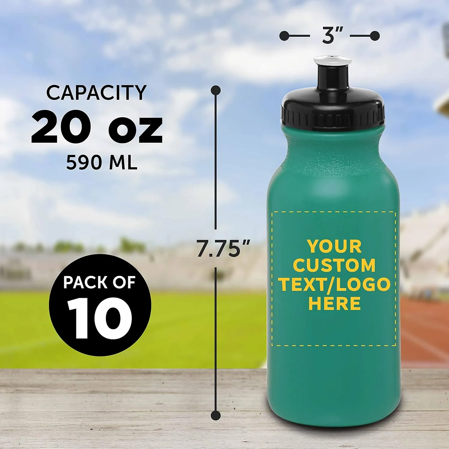 DISCOUNT PROMOS Custom 20 oz. Water Bottles with Push Cap Set of 10, Personalized Bulk Pack - Perfect for Gym, Hiking, Camping, Outdoor Sports - Teal