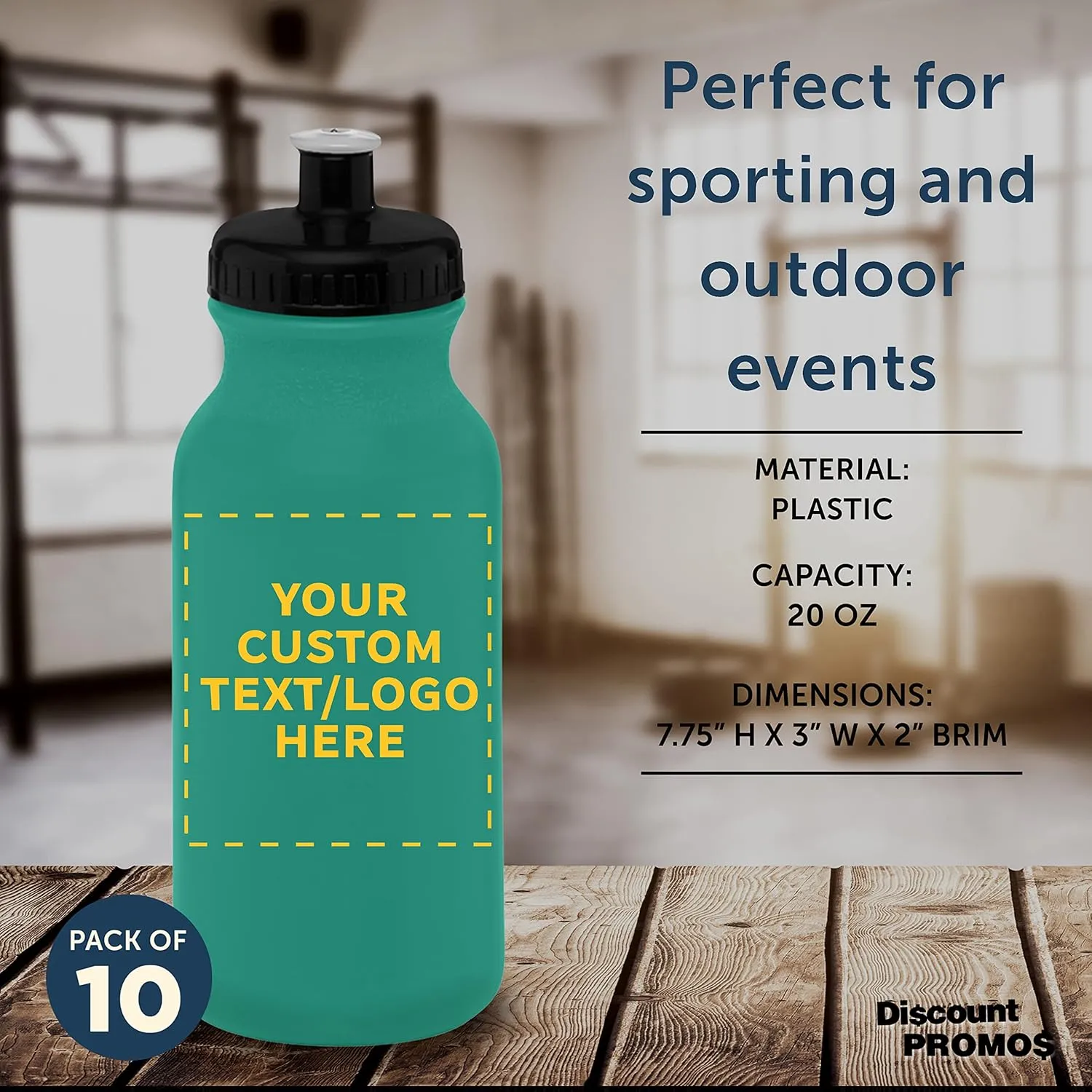 DISCOUNT PROMOS Custom 20 oz. Water Bottles with Push Cap Set of 10, Personalized Bulk Pack - Perfect for Gym, Hiking, Camping, Outdoor Sports - Teal