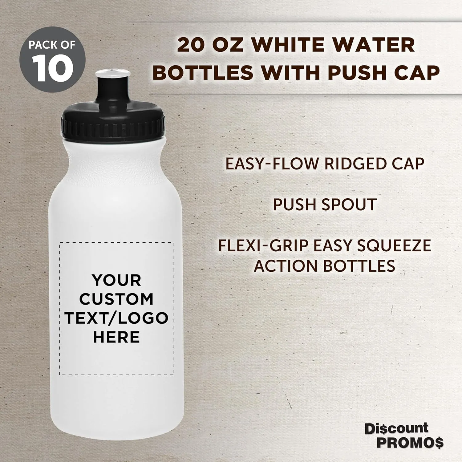 DISCOUNT PROMOS Custom White Water Bottles with Push Cap -10 pack, Customizable Text, Logo, 20 oz, Reusable BPA FREE Squeezable Bottles in Bulk, White Black