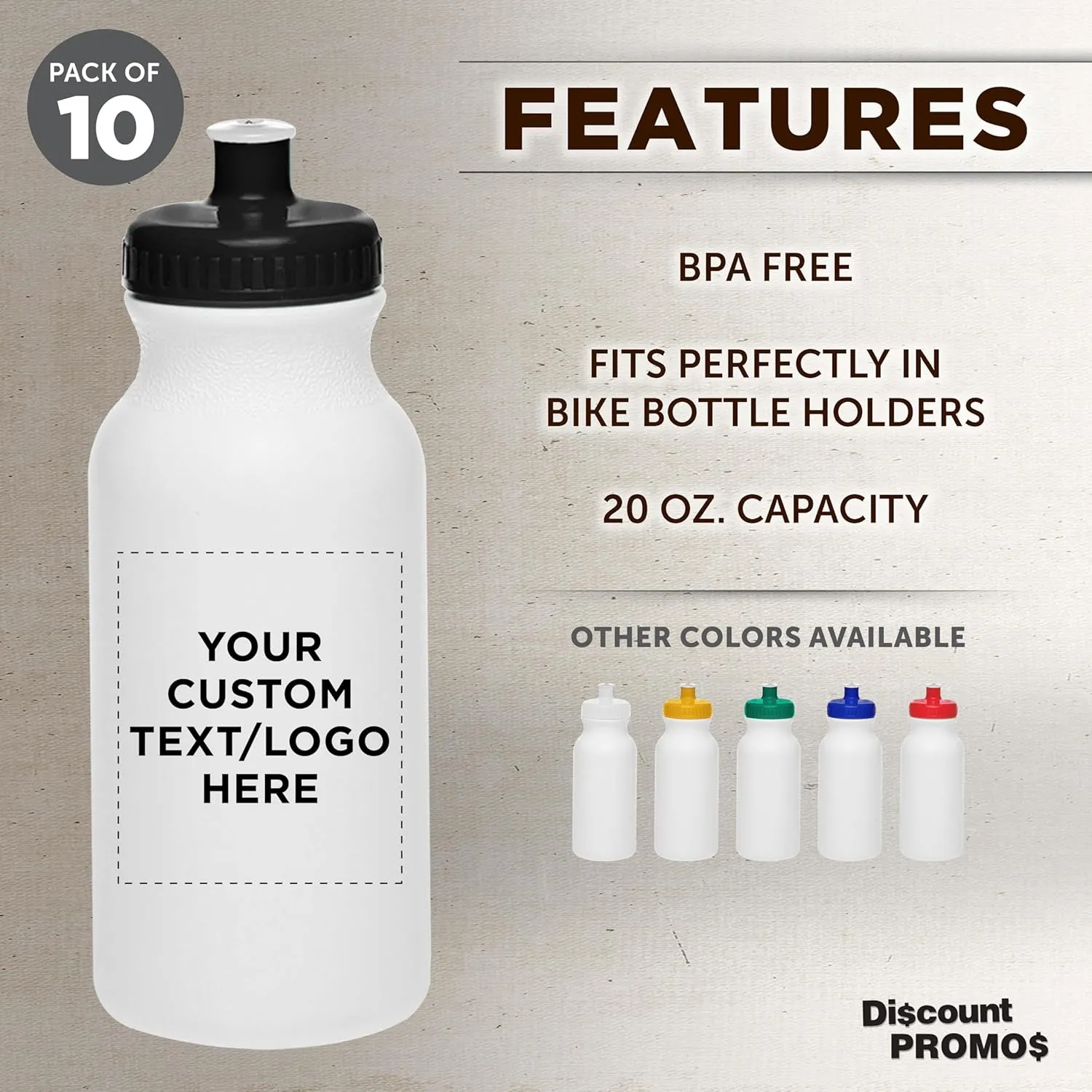DISCOUNT PROMOS Custom White Water Bottles with Push Cap -10 pack, Customizable Text, Logo, 20 oz, Reusable BPA FREE Squeezable Bottles in Bulk, White Black
