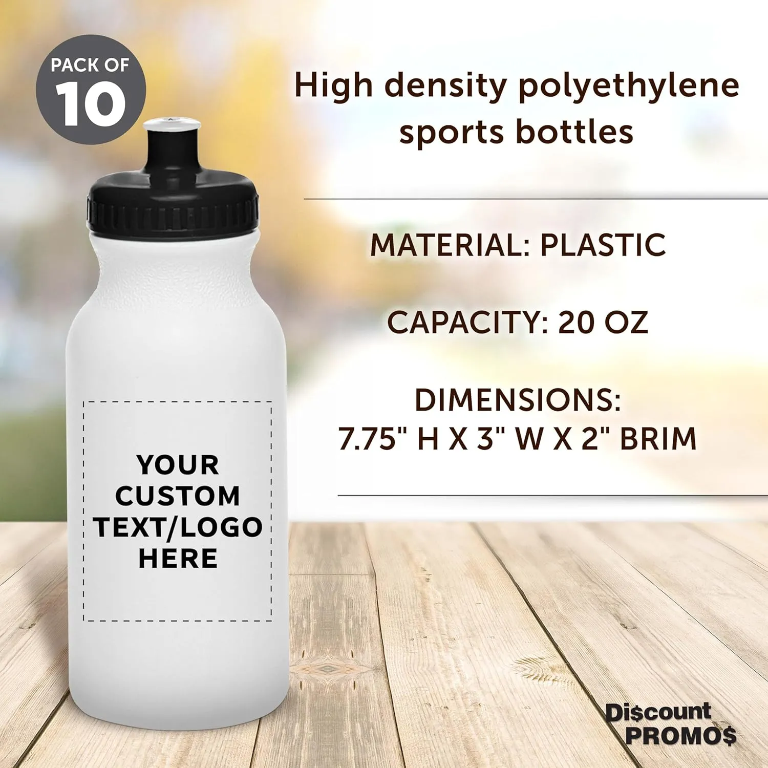 DISCOUNT PROMOS Custom White Water Bottles with Push Cap -10 pack, Customizable Text, Logo, 20 oz, Reusable BPA FREE Squeezable Bottles in Bulk, White Black