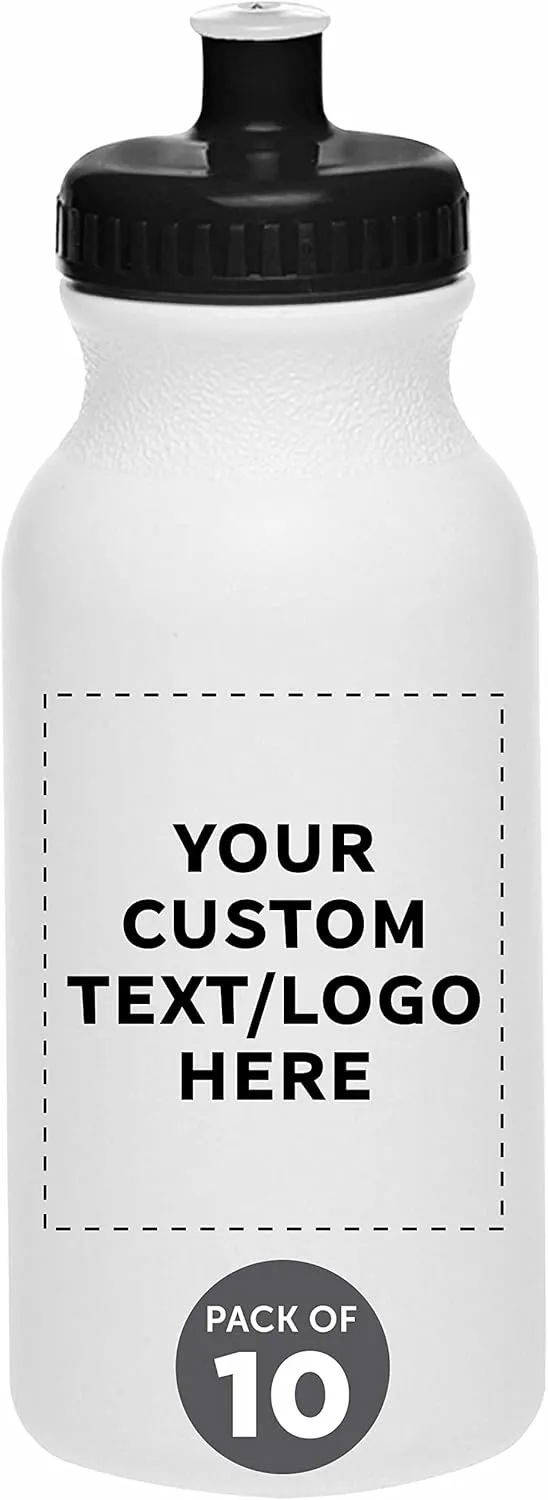 DISCOUNT PROMOS Custom White Water Bottles with Push Cap -10 pack, Customizable Text, Logo, 20 oz, Reusable BPA FREE Squeezable Bottles in Bulk, White Black