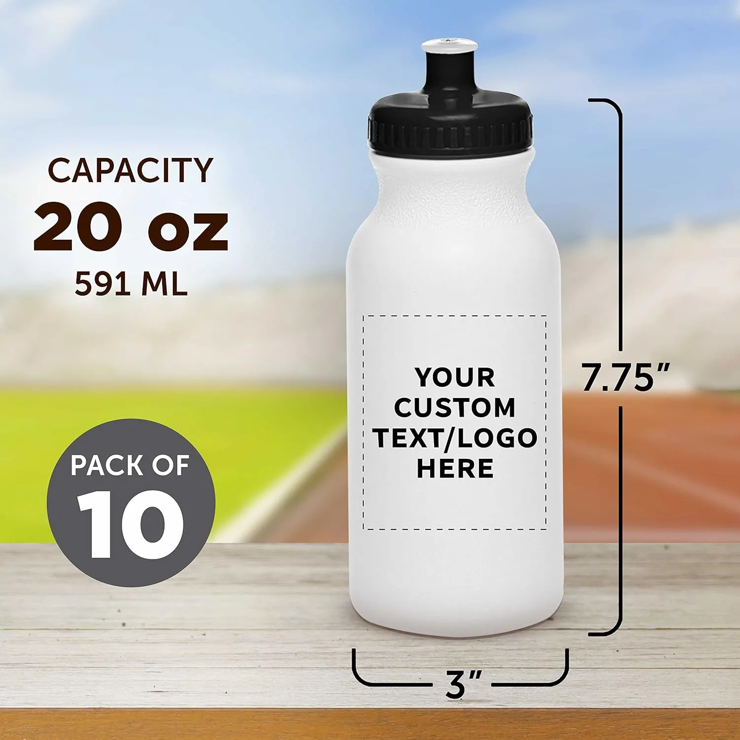 DISCOUNT PROMOS Custom White Water Bottles with Push Cap -10 pack, Customizable Text, Logo, 20 oz, Reusable BPA FREE Squeezable Bottles in Bulk, White Black