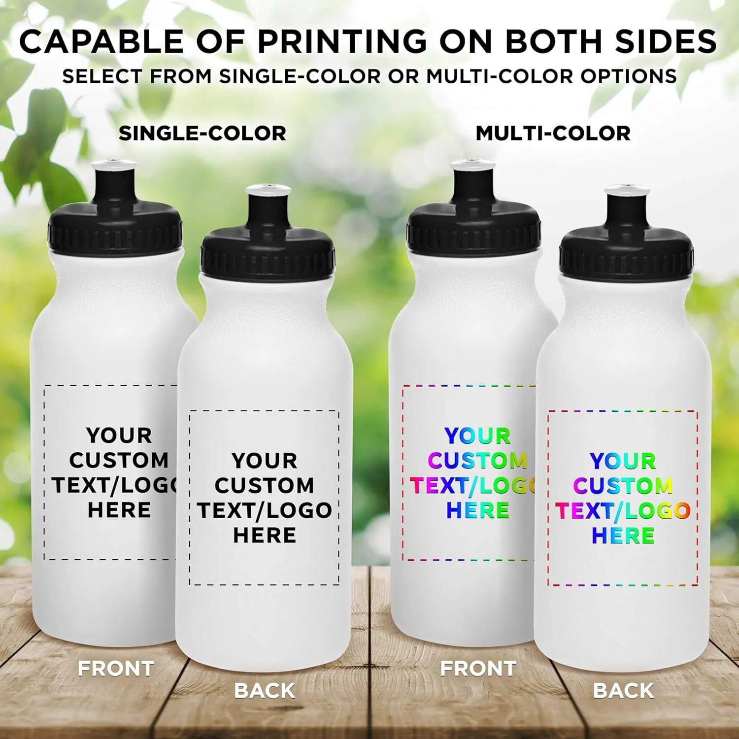 DISCOUNT PROMOS Custom White Water Bottles with Push Cap -10 pack, Customizable Text, Logo, 20 oz, Reusable BPA FREE Squeezable Bottles in Bulk, White Black