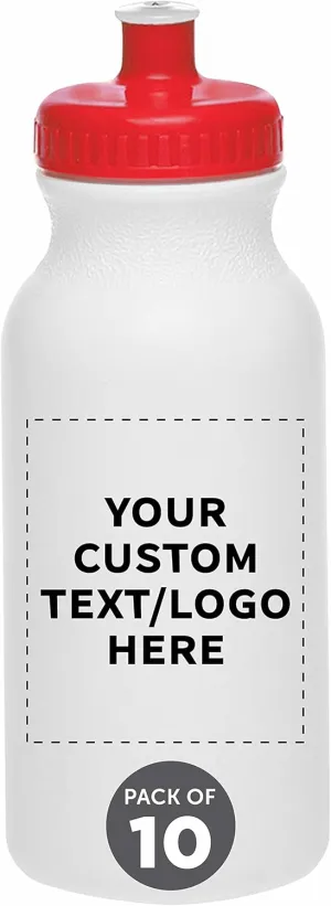 DISCOUNT PROMOS Custom White Water Bottles with Push Cap -10 pack, Customizable Text, Logo, 20 oz, Reusable BPA FREE Squeezable Bottles in Bulk, White Red