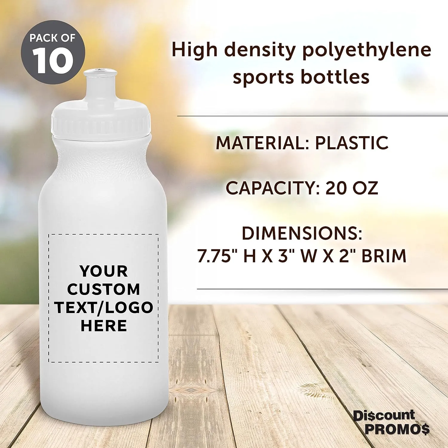 DISCOUNT PROMOS Custom White Water Bottles with Push Cap -10 pack, Customizable Text, Logo, 20 oz, Reusable BPA FREE Squeezable Bottles in Bulk - White