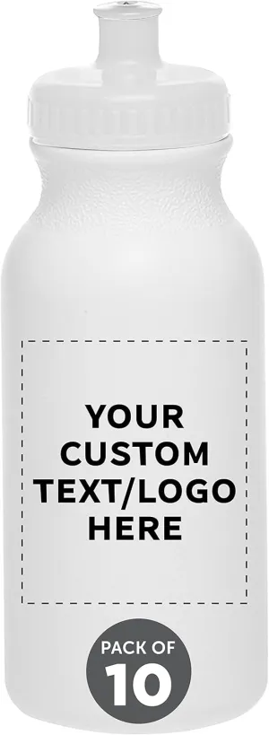 DISCOUNT PROMOS Custom White Water Bottles with Push Cap -10 pack, Customizable Text, Logo, 20 oz, Reusable BPA FREE Squeezable Bottles in Bulk - White