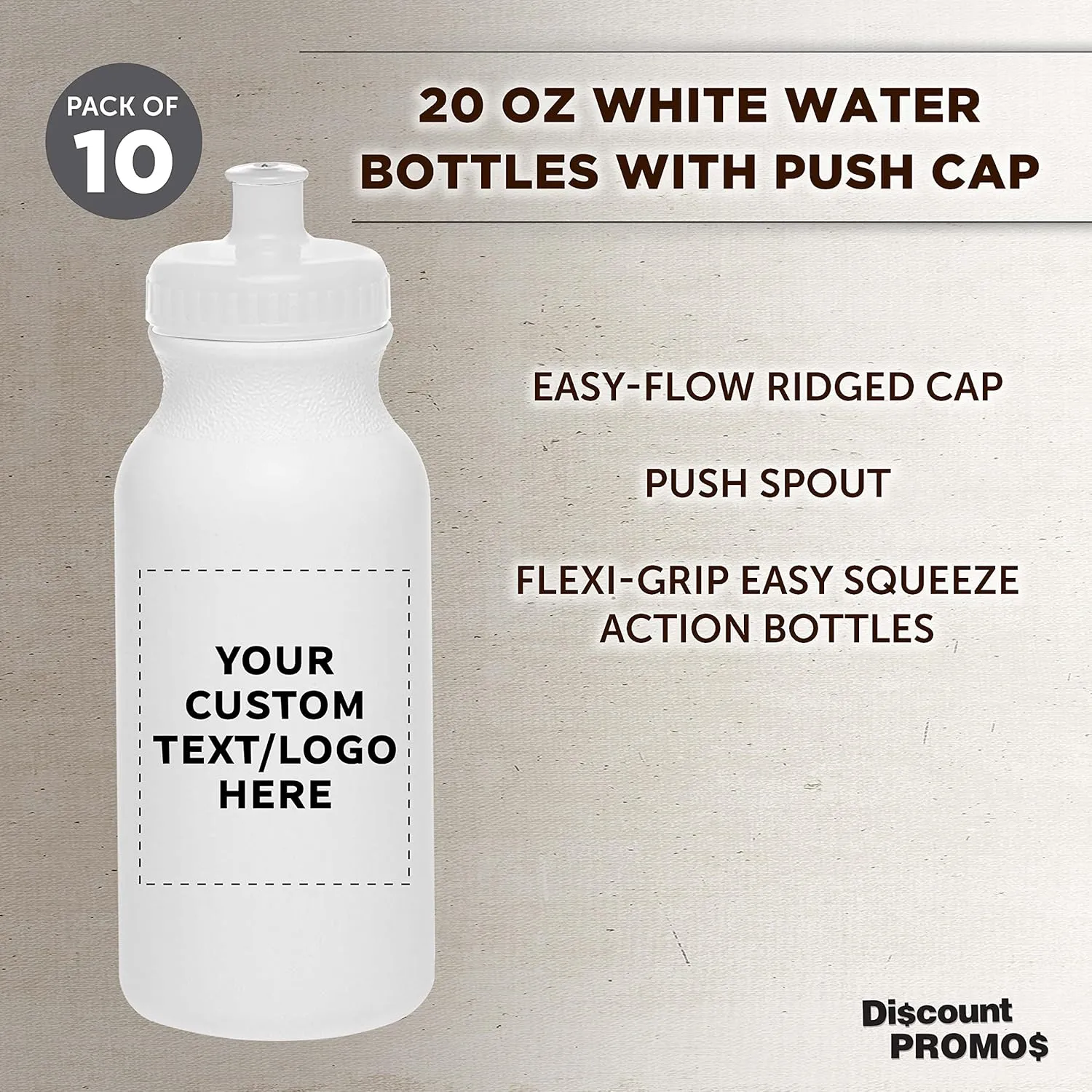 DISCOUNT PROMOS Custom White Water Bottles with Push Cap -10 pack, Customizable Text, Logo, 20 oz, Reusable BPA FREE Squeezable Bottles in Bulk - White
