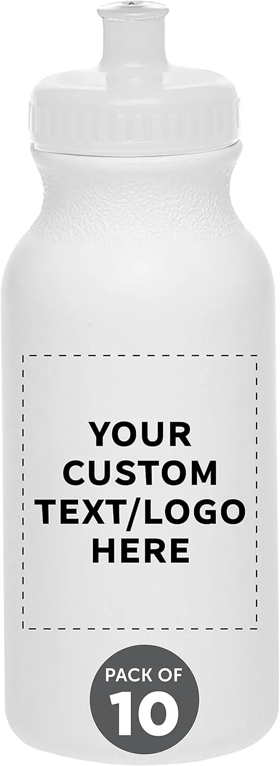 DISCOUNT PROMOS Custom White Water Bottles with Push Cap -10 pack, Customizable Text, Logo, 20 oz, Reusable BPA FREE Squeezable Bottles in Bulk - White
