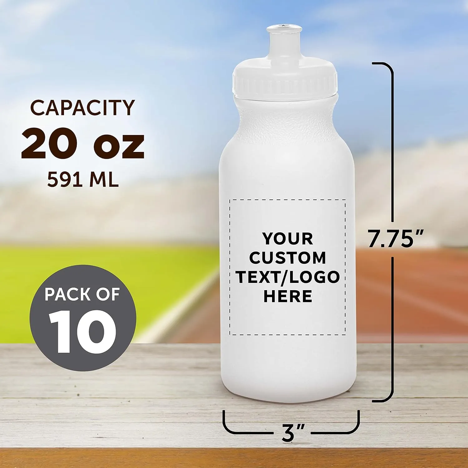 DISCOUNT PROMOS Custom White Water Bottles with Push Cap -10 pack, Customizable Text, Logo, 20 oz, Reusable BPA FREE Squeezable Bottles in Bulk - White