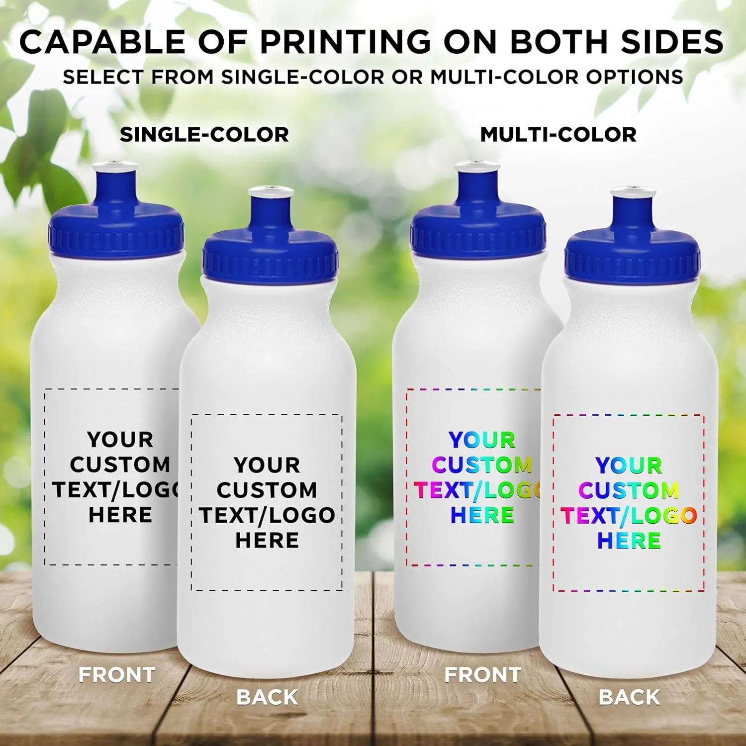 DISCOUNT PROMOS Custom White Water Bottles with Push Cap -100 pack, Customizable Text, Logo, 20 oz, Reusable BPA FREE Squeezable Bottles in Bulk, White Blue